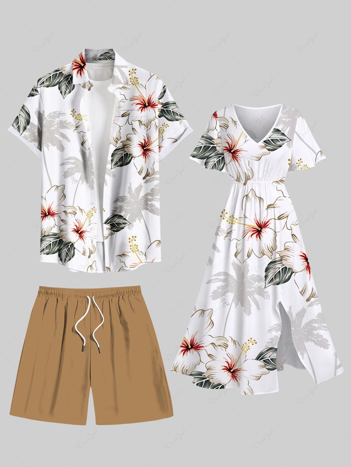 Sale Coconut Tree Flower Leaf Print Plus Size Matching Hawaii Beach Outfit For Couples  
