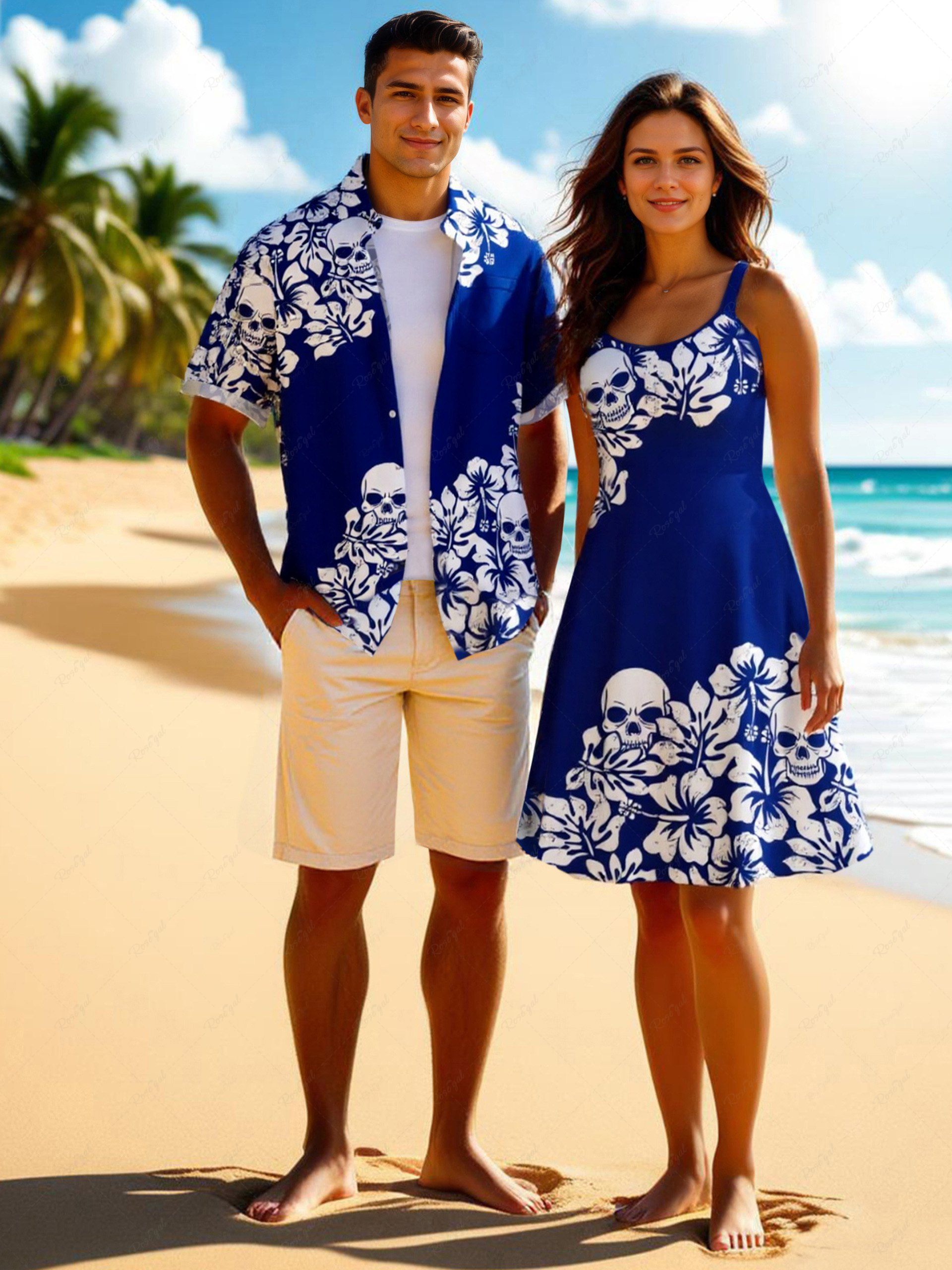 Tenue de plage hawaïenne assortie grande taille avec imprimé tropical, motif tête de mort, hibiscus, feuilles et fleurs pour couples Bleu profond 