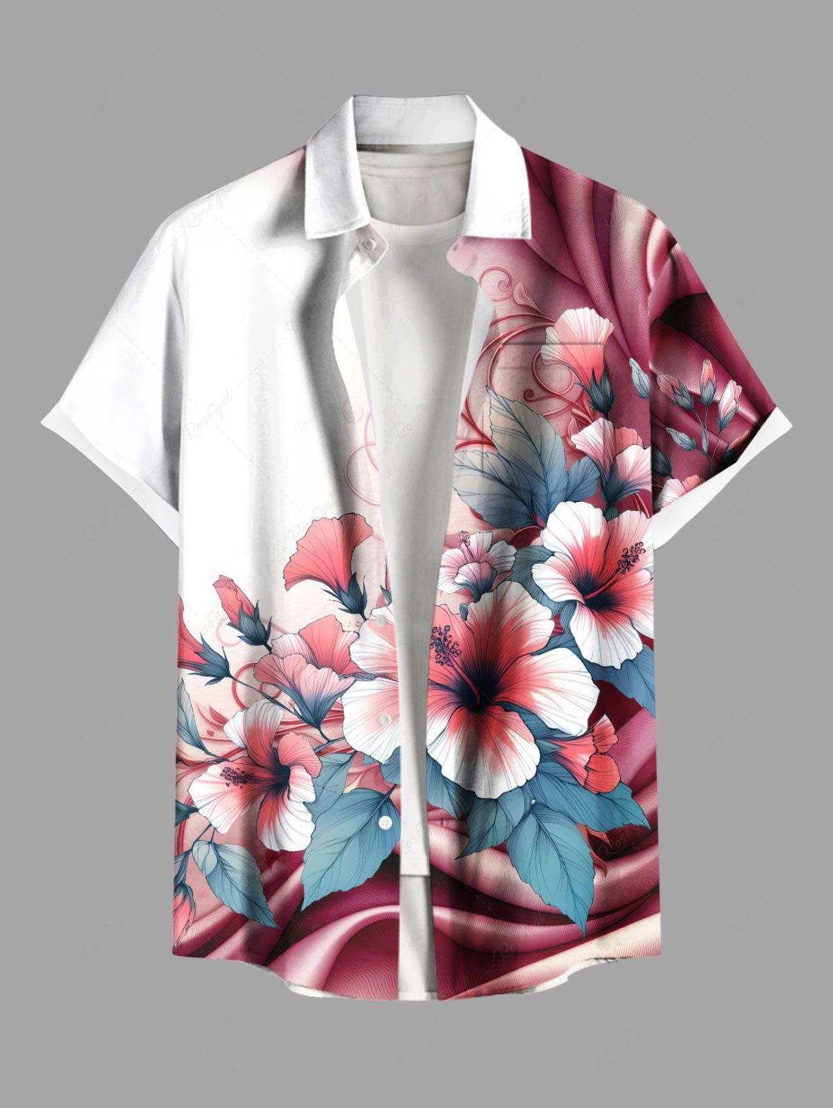 Affordable Plus Size Hibiscus Flower Leaf Ombre Colorblock Print Buttons Pocket Hawaii Shirt For Men  