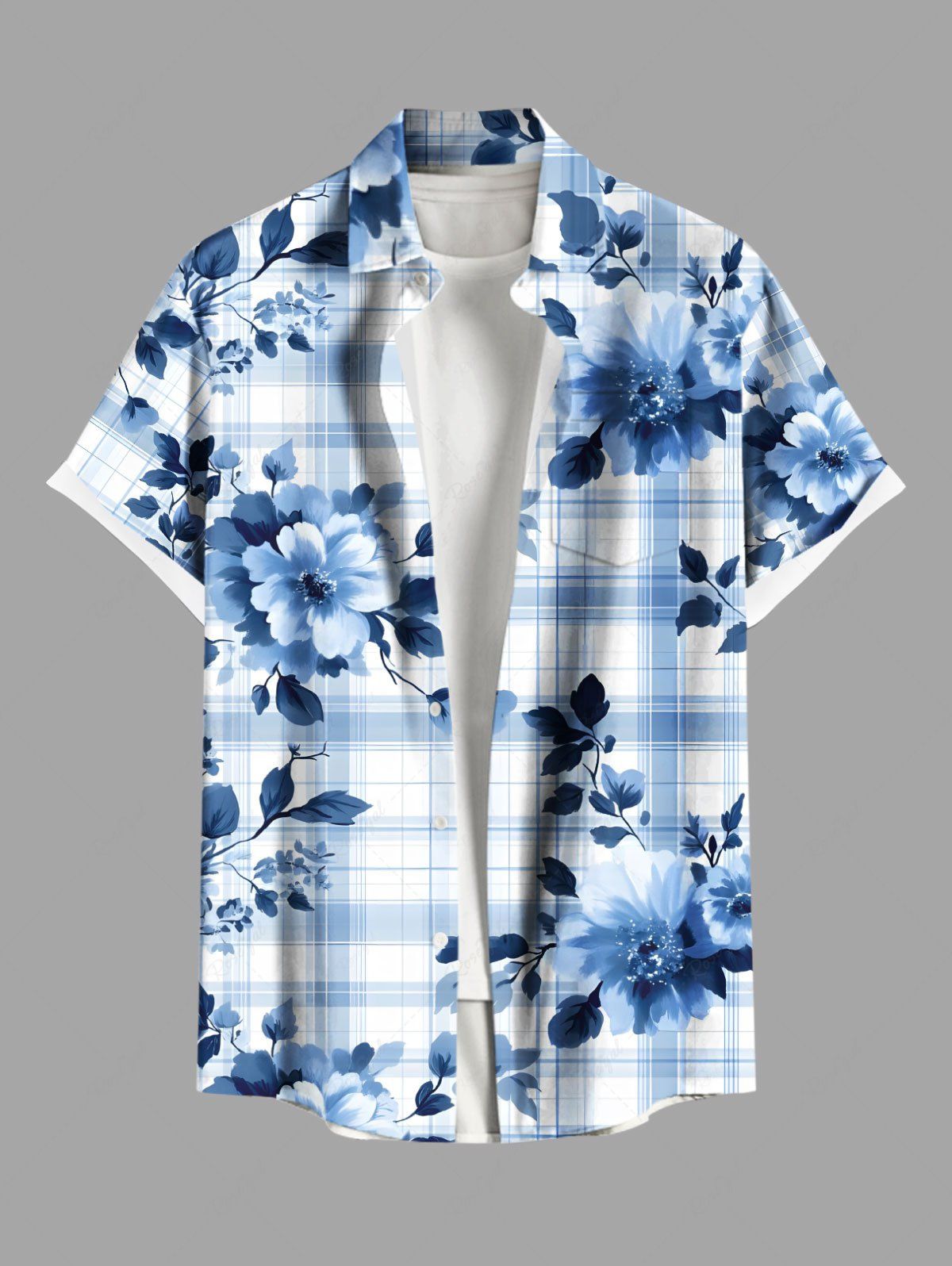Discount Plus Size Peony Flowers Plaid Print Buttons Pocket Hawaii Shirt For Men  