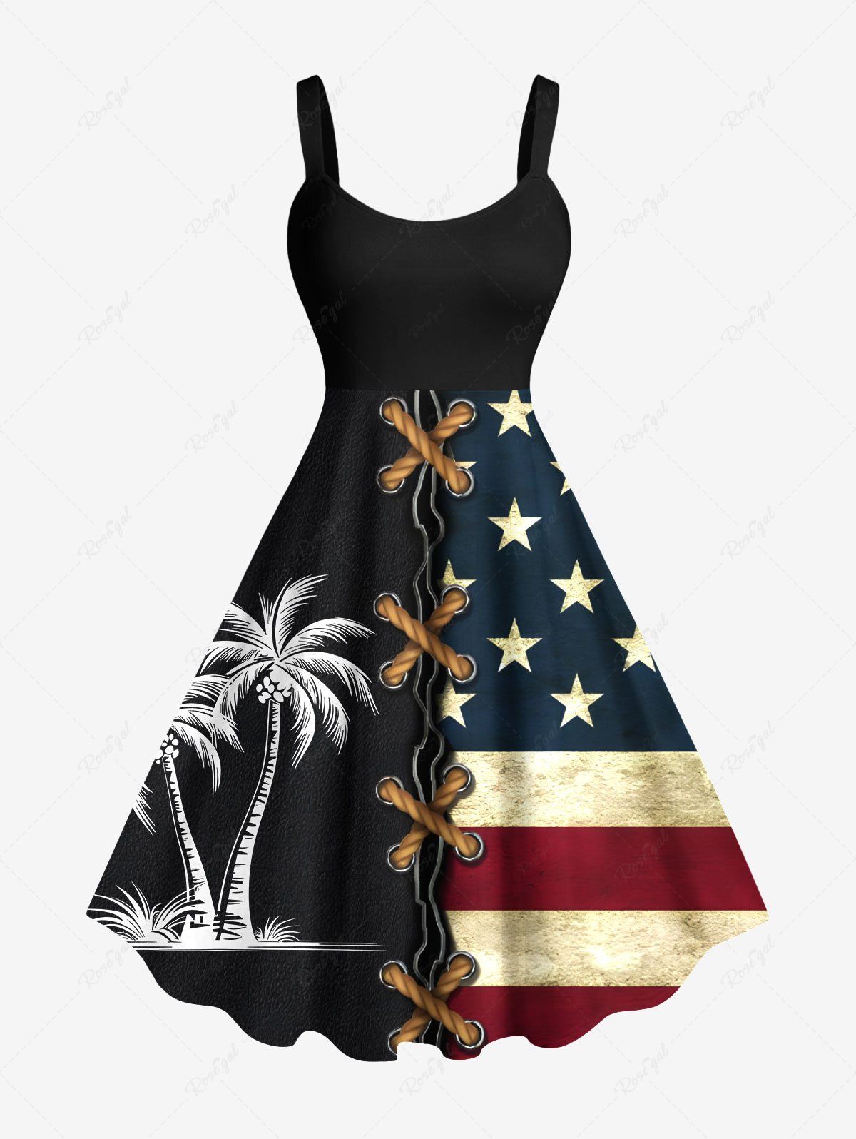 Trendy Plus Size Patriotic American Flag Coconut Tree Lace Up 3D Print Tank Dress  