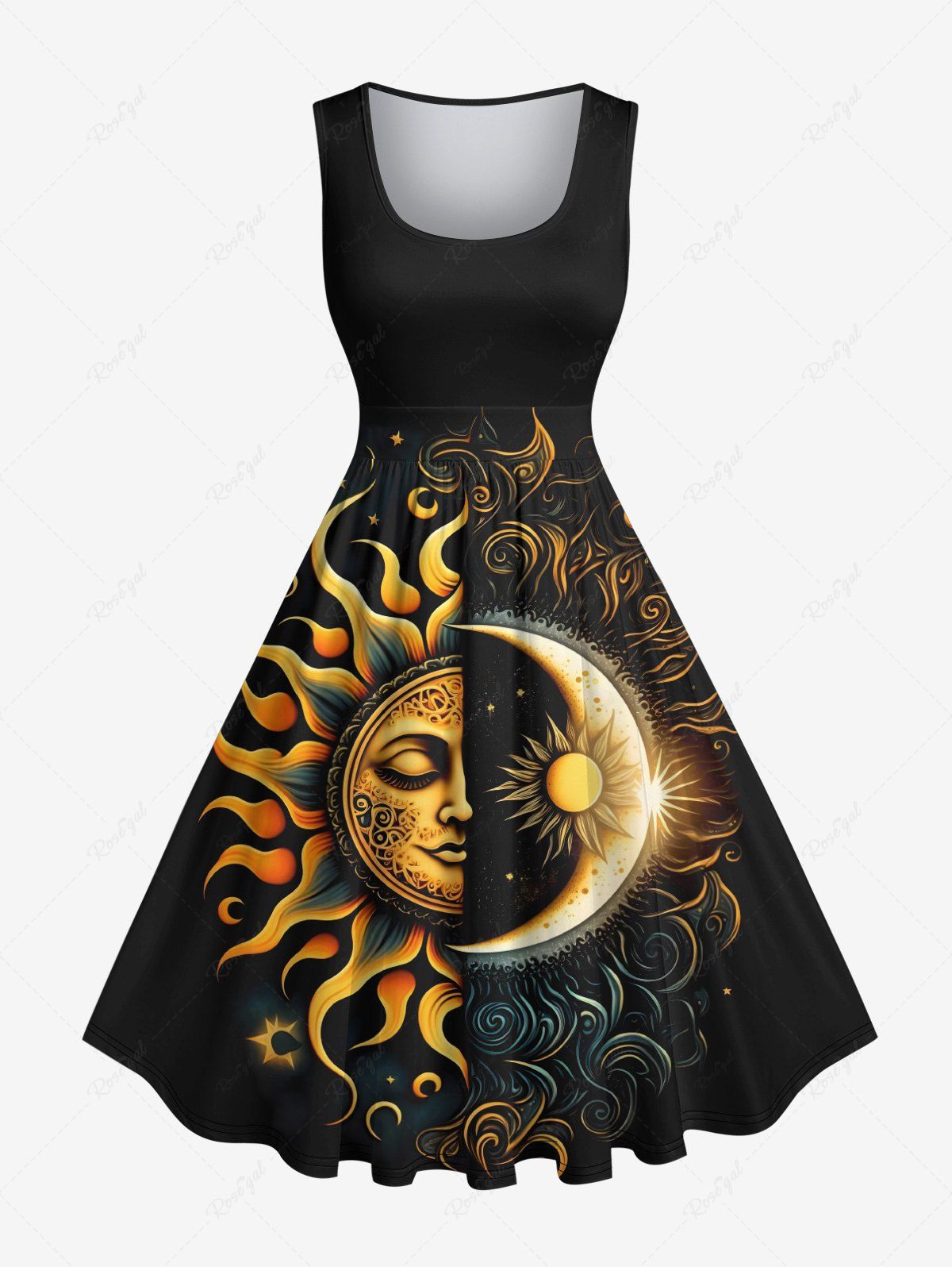 Fashion Plus Size Galaxy Sun Moon Star Sunflowers Print 1950s Vintage Dress  