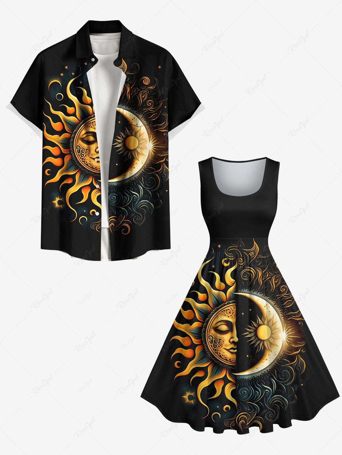 Outfits Galaxy Sun Moon Star Sunflowers Print Plus Size Matching Hawaii Beach Outfit For Couples  
