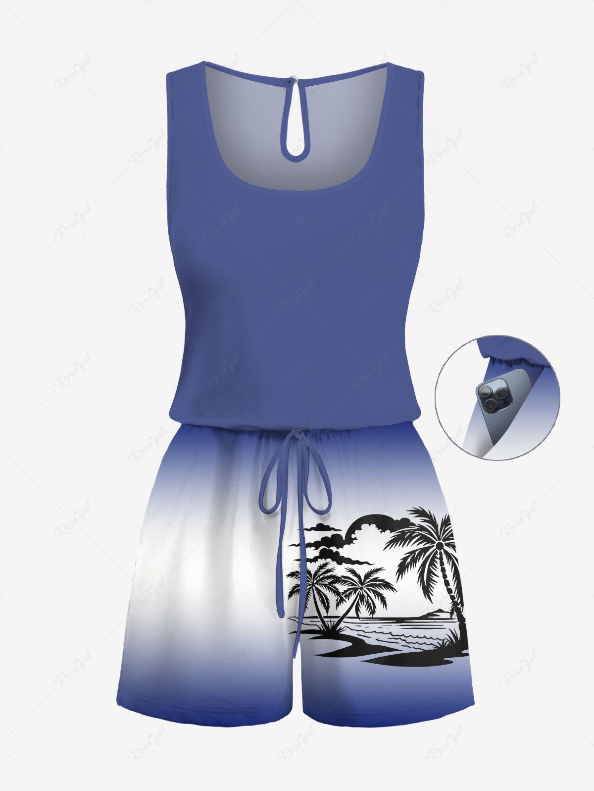 Online Plus Size Coconut Tree Cloud Sun Seascape Ombre Print Cinched Hawaii Romper  