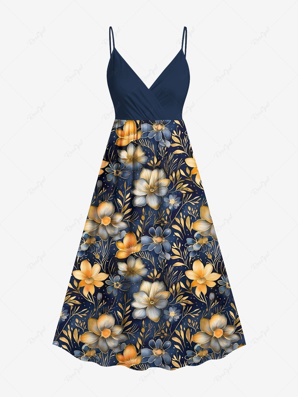 Robe camisole hawaïenne à imprimé fleurs et feuilles grande taille Bleu profond XXS