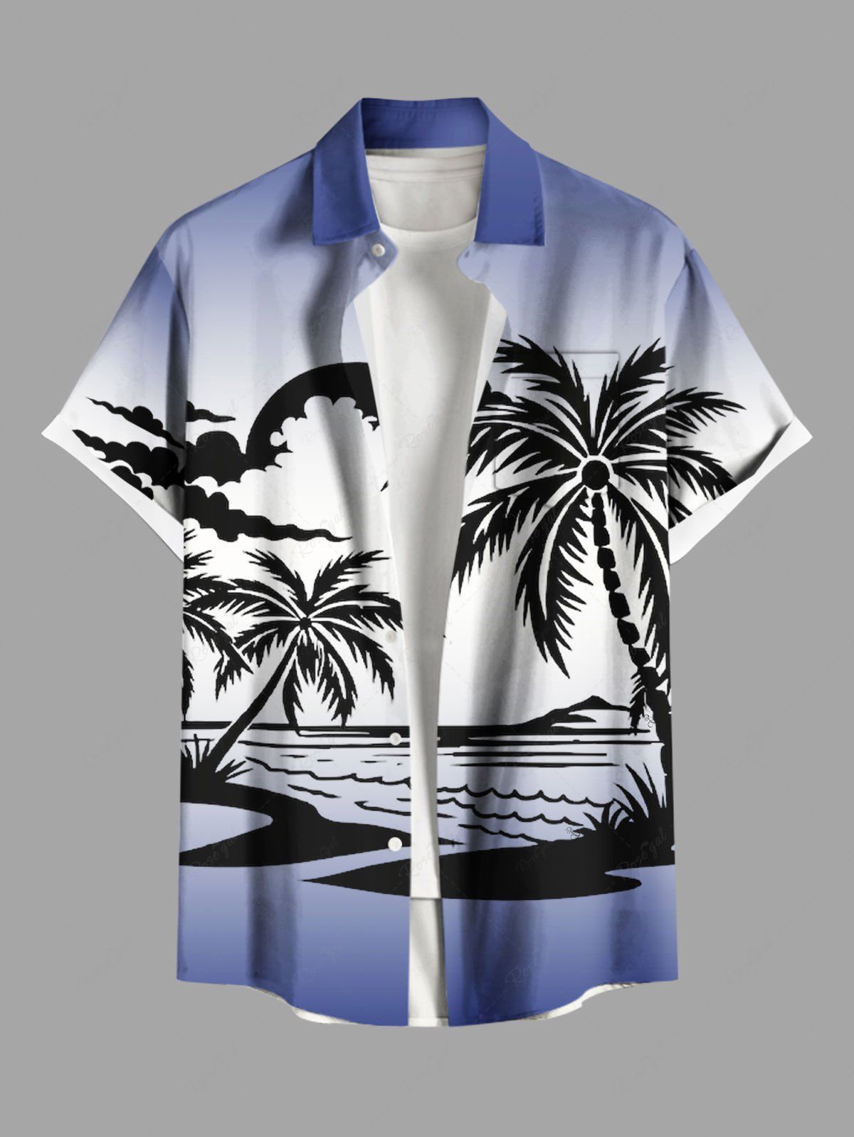 Hot Plus Size Coconut Tree Cloud Sun Seascape Print Buttons Pocket Hawaii Shirt For Men  