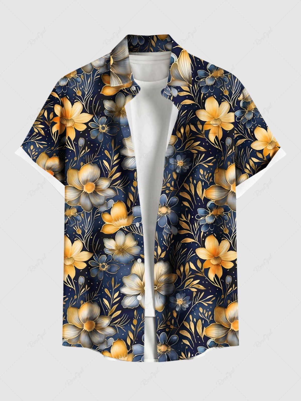 Chic Plus Size Flowers Leaf Print Buttons Pocket Hawaii Shirt For Men  