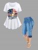 Patriotic American Flag Coconut Tree Sun Seascape Print Plus Size Matching Set -  