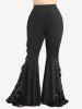 Sunflower Oil Painting Print Lace Up Cold Shoulder Top and Skull Flocking Applique Flare Pants Plus Size Outfit -  