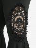 Sunflower Oil Painting Print Lace Up Cold Shoulder Top and Skull Flocking Applique Flare Pants Plus Size Outfit -  