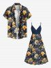 Tenue de plage hawaïenne assortie grande taille à imprimé fleurs et feuilles pour couples - Bleu profond 