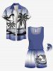 Tenue de plage hawaïenne assortie grande taille pour couple, motif cocotier, nuage, soleil, paysage marin, imprimé ombré - Bleu 