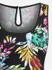 Plus Size Colorful Tropical Leaf Flower Print Hawaii Drawstring Pocket Romper -  