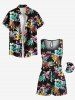 Plus Size Colorful Tropical Leaf Flower Print Hawaii Drawstring Pocket Romper -  