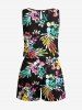 Plus Size Colorful Tropical Leaf Flower Print Hawaii Drawstring Pocket Romper -  