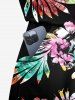 Plus Size Colorful Tropical Leaf Flower Print Hawaii Drawstring Pocket Romper -  