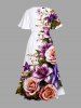 Plus Size Flower Leaf Print Hawaii Split Pocket A Line Midi Dress -  