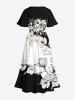 Plus Size Floral Branch Print Hawaii Split Pocket A Line Midi Dress -  