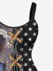 Plus Size 3D Lace Up Patriotic American Flag Eagle Print A Line Tank Dress -  