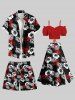 Short de plage hawaïen grande taille à imprimé feuilles tropicales et fleurs d'hibiscus, avec cordon de serrage, pour homme - Noir L