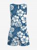 Plus Size Tropical Leaves Hibiscus Floral Print Hawaii Drawstring Pocket Romper -  