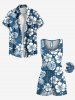 Combinaison grande taille à imprimé floral hawaïen, feuilles tropicales, hibiscus, cordon de serrage et poches - Bleu Ciel S