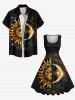 Robe vintage années 50 grande taille à imprimé galaxie, soleil, lune, étoiles, tournesols - Noir M