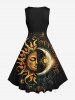 Robe vintage années 50 grande taille à imprimé galaxie, soleil, lune, étoiles, tournesols - Noir M