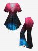 Plus Size Tie Dye Ombre Flowers Print Lattice Crisscross T-shirt -  