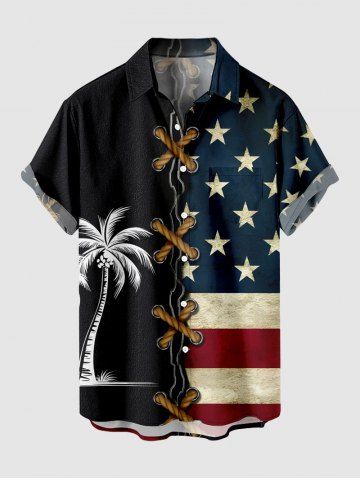 Plus Size Patriotic American Flag Coconut Tree Lace Up 3D Print Buttons Pocket Shirt For Men - BLACK - 6XL