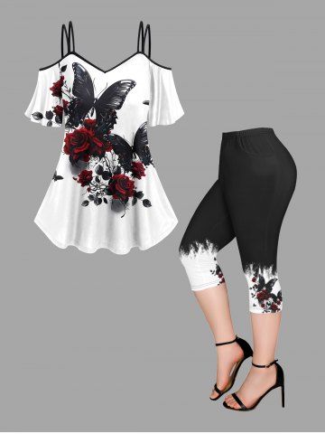 Ensemble t-shirt et legging à épaules dénudées, imprimé feuilles de vigne et papillons, grande taille - WHITE