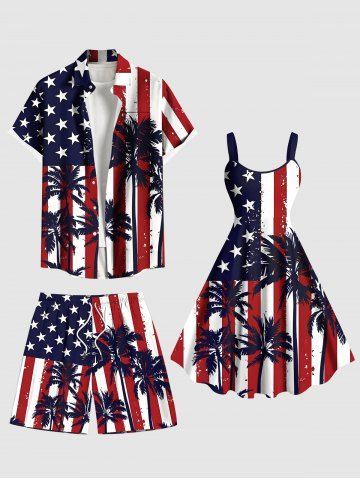 Patriotic American Flag Coconut Tree Print Plus Size Matching Outfit For Couples