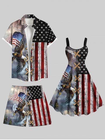 3D Lace Up Patriotic American Flag Eagle Print Plus Size Matching Outfit For Couples - MULTI-A