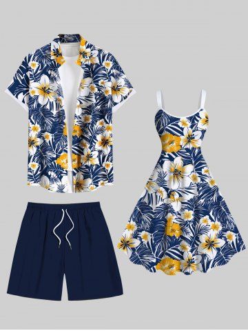 Tenue de plage hawaïenne assortie grande taille à imprimé feuilles tropicales et fleurs d&#39;hibiscus pour couples - BLUE