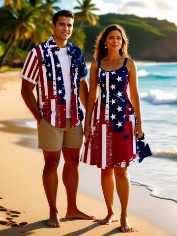 Patriotic American Flag Painting Splatter Print Plus Size Matching Outfit For Couples - RED