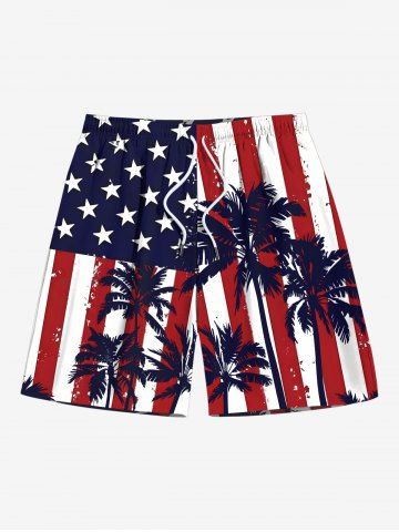 Plus Size Coconut Tree Patriotic American Flag Print Hawaii Drawstring Pocket Beach Shorts For Men - RED - 6XL