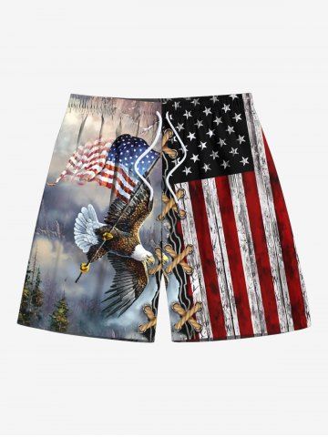 Plus Size 3D Lace Up Patriotic American Flag Eagle Print Drawstring Pocket Beach Shorts For Men - WHITE - 5XL