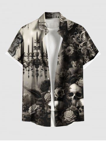 Plus Size Distressed Skull Rose Flower Chandelier Print Ombre Button Pocket Shirt For Men - BLACK - 6XL