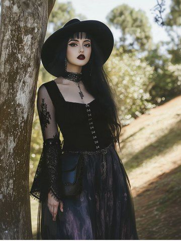 Gothic Flare Sleeve Floral Lace Panel Ruched Bust Hook and Eye Top - BLACK - XL