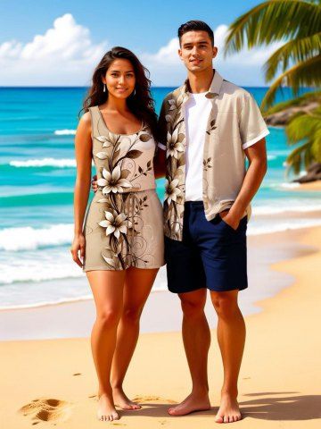 Matching Hawaii Shirt and Romper Plus Size Beach Outfit Ombre Flower Branch Curve Print For Couples - BLACK