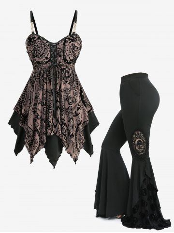Floral Flocking Lace Up Cami Top and Skulls Mesh Appliques Flare Pants Plus Size Outfit - COFFEE