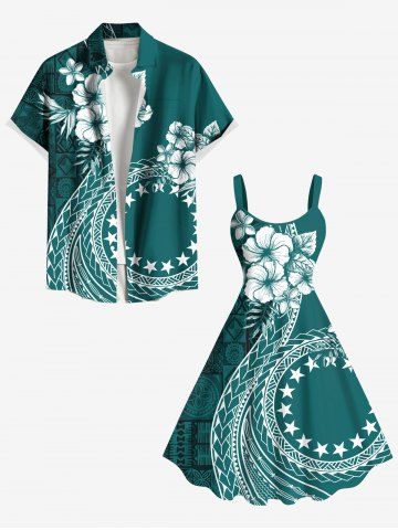 Hibiscus Flowers Stars Scarf Print Plus Size Matching Hawaii Beach Outfit For Couples - DEEP GREEN