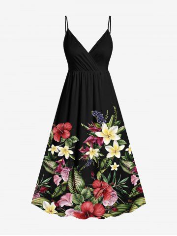 Plus Size Hibiscus Flower Leaf Tropical Print Surplice Hawaii Cami Dress - BLACK - XS