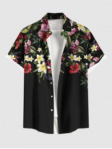 Plus Size Hibiscus Flower Leaf Tropical Print Buttons Pocket Hawaii Shirt For Men - BLACK - 3XL