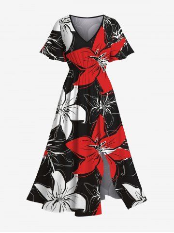 Plus Size Hibiscus Flower Print Split Hawaii Midi Dress - BLACK - XXS