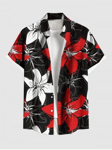 Plus Size Hibiscus Flower Print Buttons Pocket Hawaii Shirt For Men - BLACK - 3XL