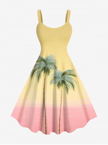 Plus Size Coconut Tree Colorblock Print Hawaii Tank Dress - RED - 5X