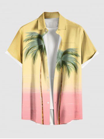 Plus Size Coconut Tree Colorblock Print Buttons Pocket Hawaii Shirt For Men - YELLOW - 6XL
