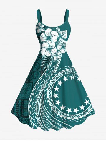 Robe débardeur hawaïenne grande taille à imprimé foulard, fleurs d'hibiscus et étoiles