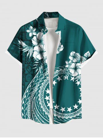 Plus Size Hibiscus Flowers Stars Scarf Print Buttons Pocket Hawaii Shirt For Men - GREEN - S